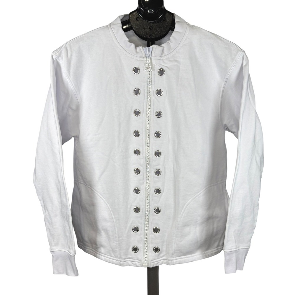 Tia Designs White Rhinestone Grommet Full Zip Mock Neck Fleece‎ Jacket Womens M